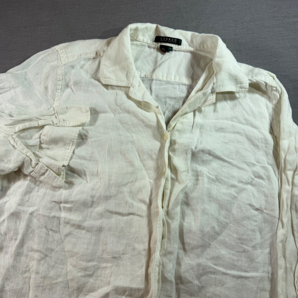 Lauren Ralph Lauren Button Down Shirt Womens 2X White 100% Linen Long Sleeve‎